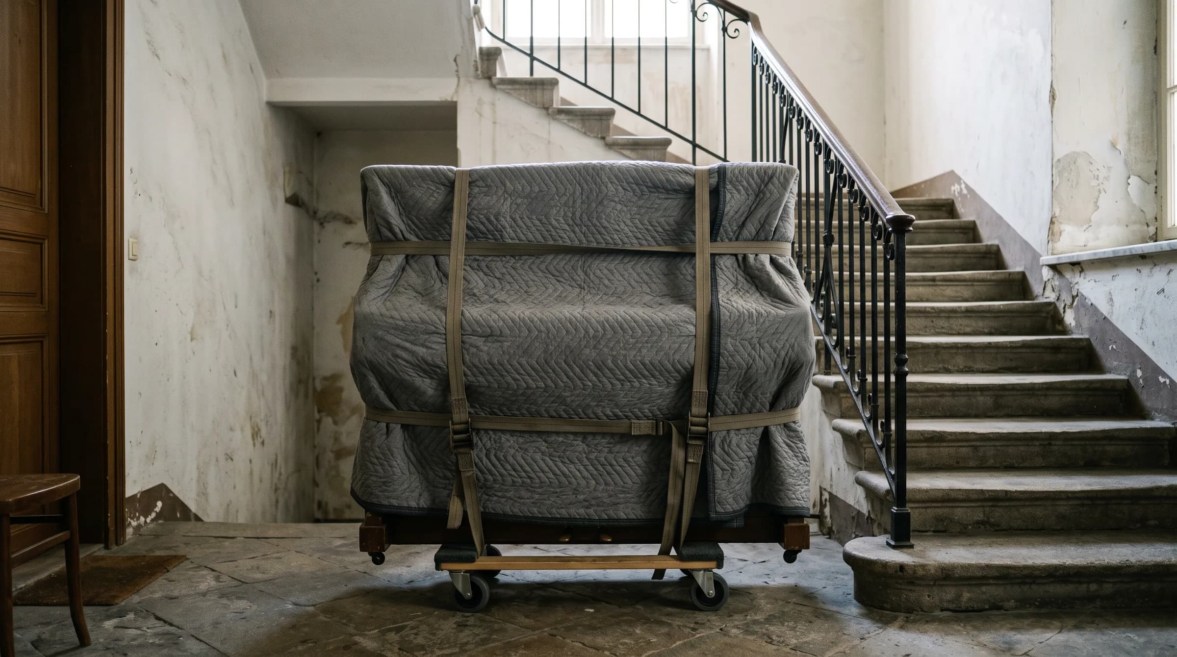 In Decken verpacktes und gegurtetes Klavier auf einem Transportroller am Fuss einer Treppe.