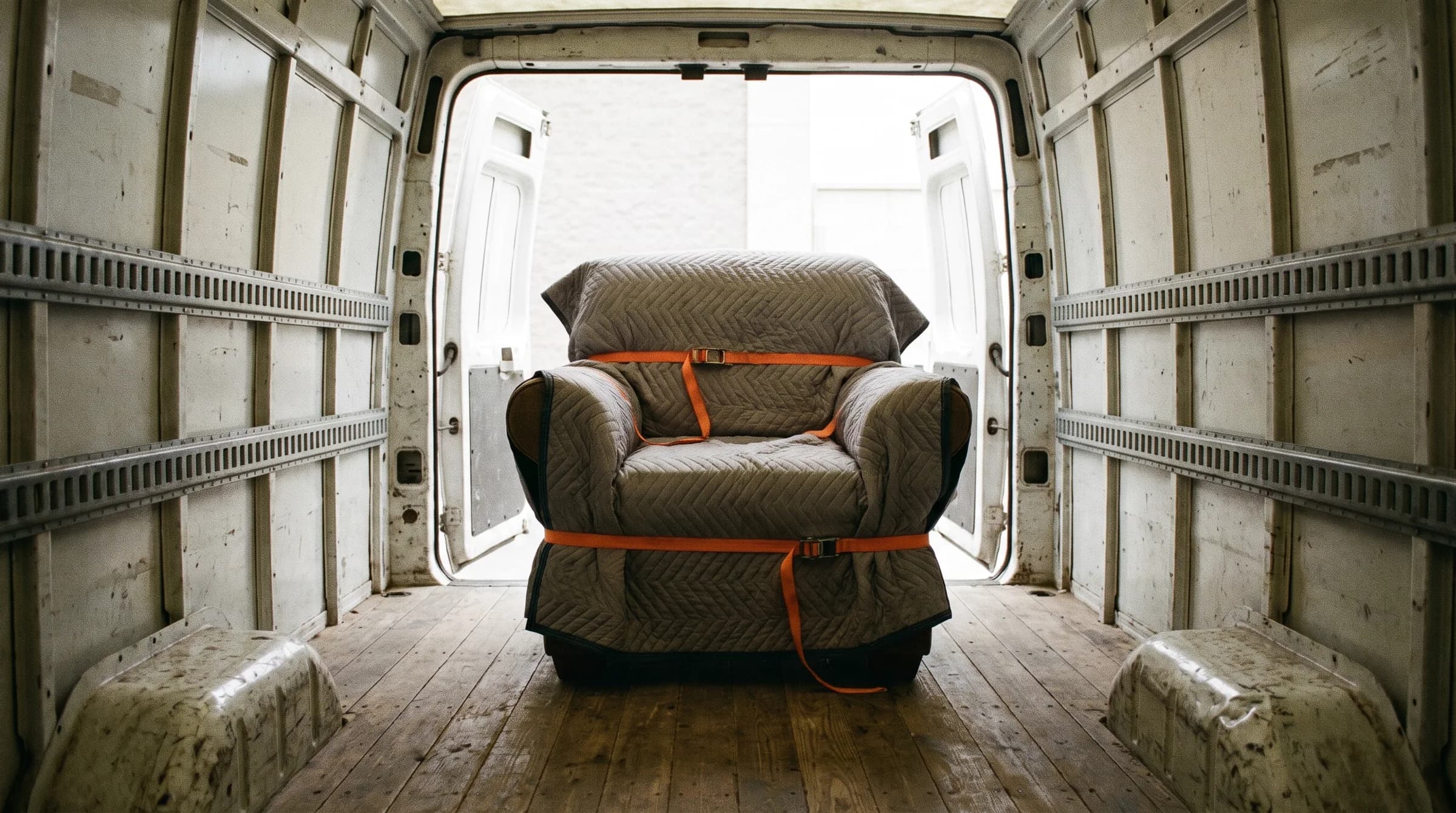 Ein einzelnes Sofa in Möbeldecken, mit Spanngurten gesichert, auf der Ladefläche eines Transporters.