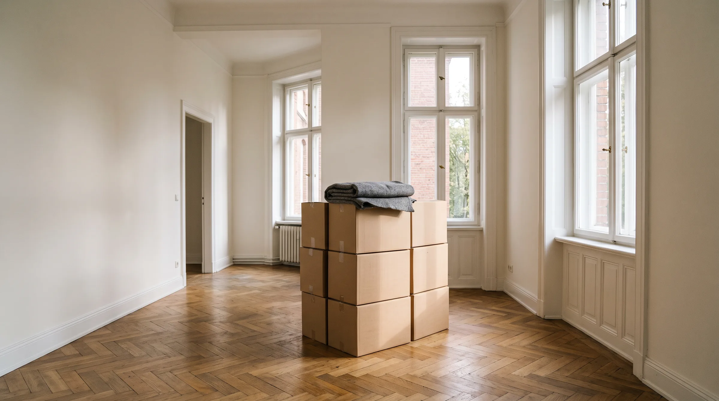 Leeres Zimmer mit Fischgrätparkett, in der Mitte ein Stapel Umzugskartons mit einer Möbeldecke obenauf.