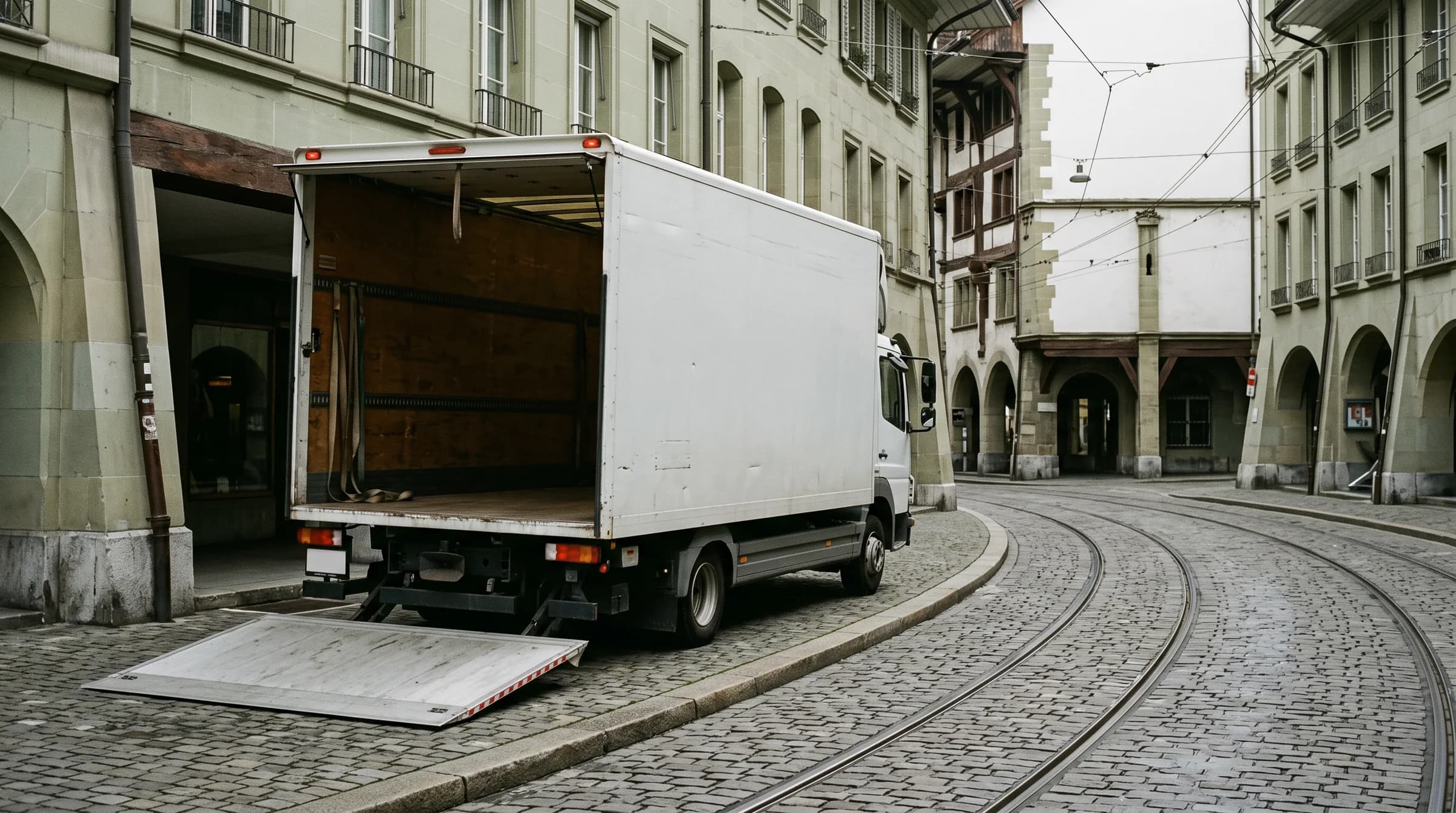 Möbelwagen mit heruntergelassener Ladebordwand am Rand einer gepflasterten Altstadtgasse mit Lauben und Tramgleisen.